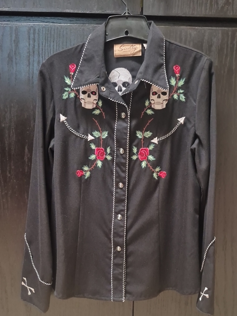 Skully Skull Roses Western Shirt Sz S